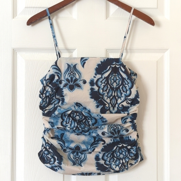 Zara Tie Dyed & Paisley Printed Square Neck Ruched Side Tank Top Blue Beige S - Picture 1 of 10